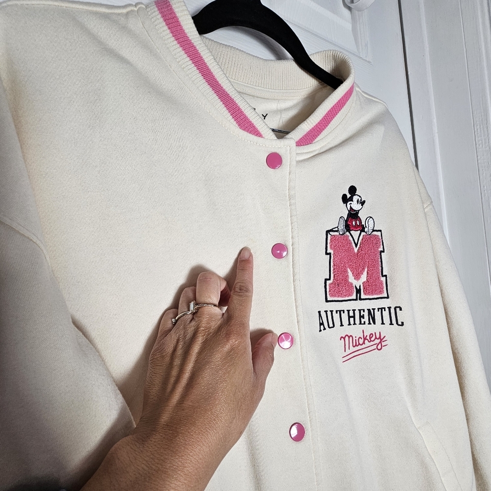 DISNEY MICKEY MOUSE XL Bomber Varsity Embroidered Jacket Pink Ivory Buttoned - Picture 3 of 13